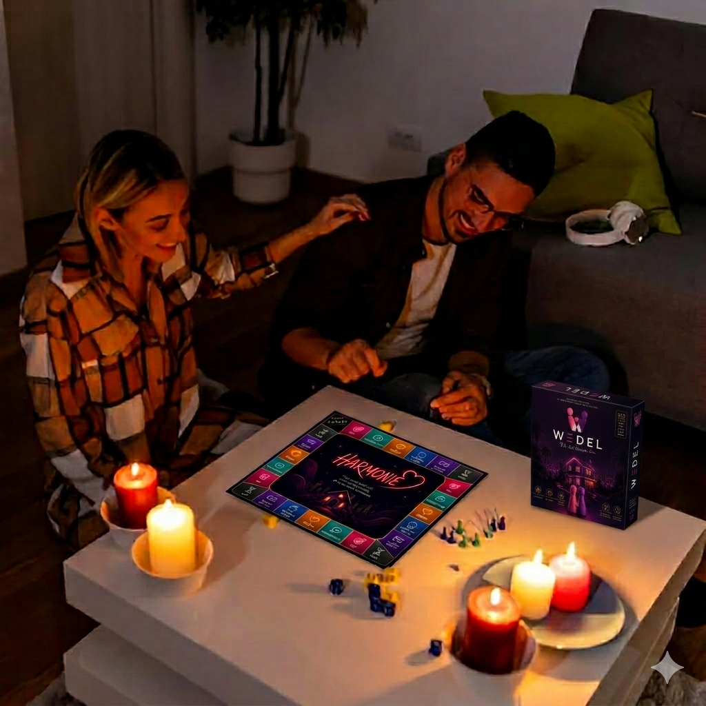 Couple jouant à WEDEL lors d’une soirée aux chandelles